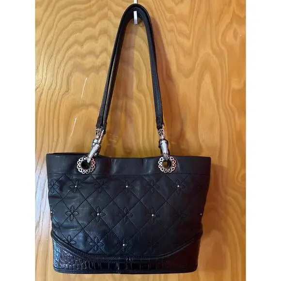 Brighton Vintage Black Quilted Studded Tote Satchel Shoulder Bag VGUC - Picture 2 of 7